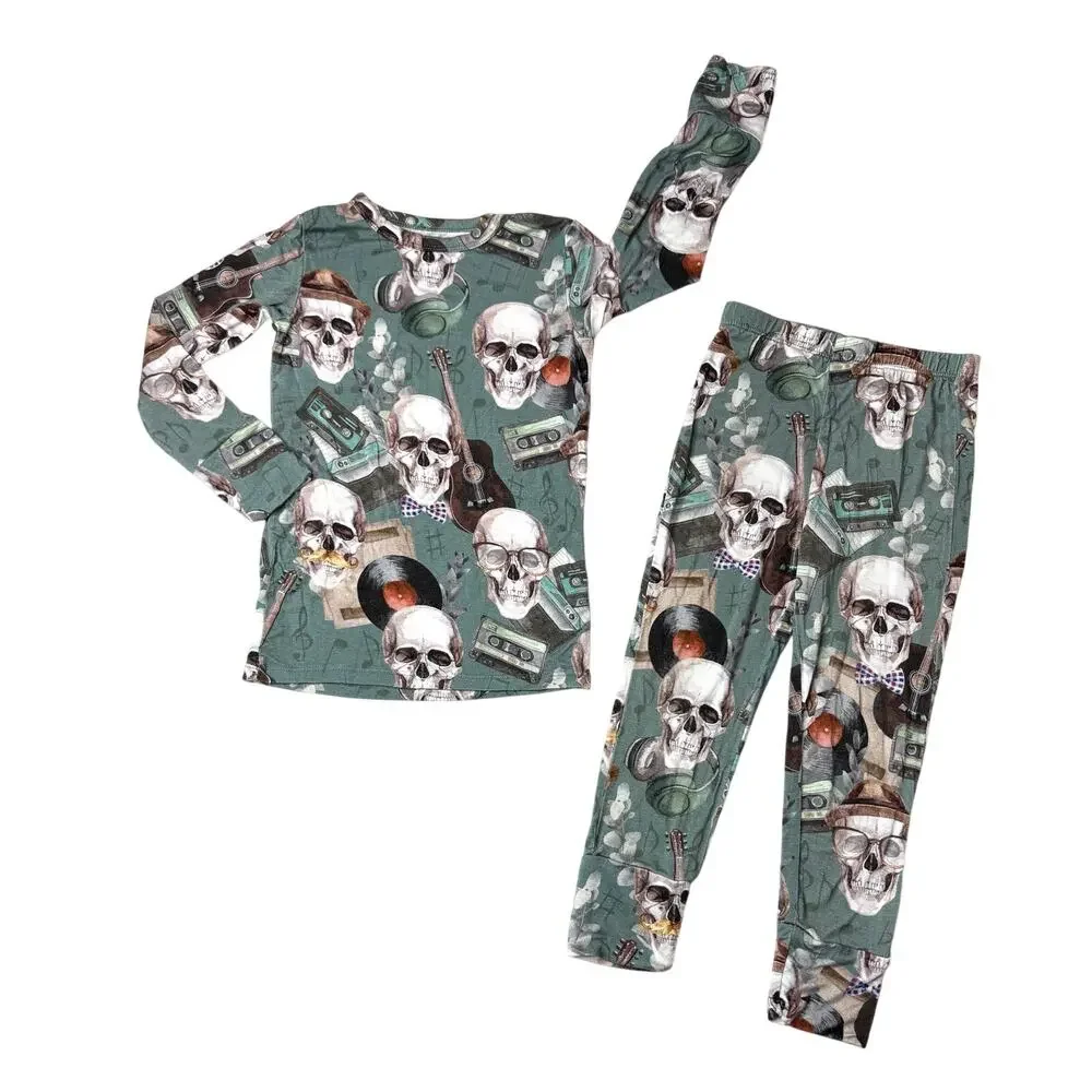 Posh Peanut Bamboo Sheldon Green‎ Skull Pajama Pant Set 4T Whimsygoth Fantasy